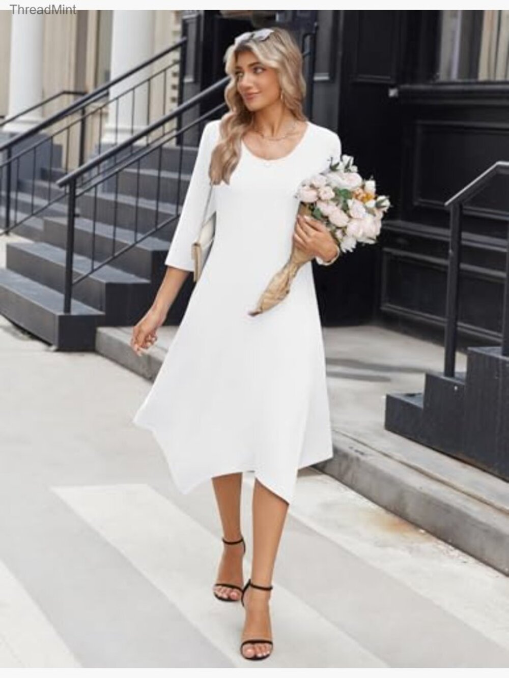 Midi Dress 3/4 Sleeve A-Line with Pockets Casual Beach Sundress - Picture 3 of 7